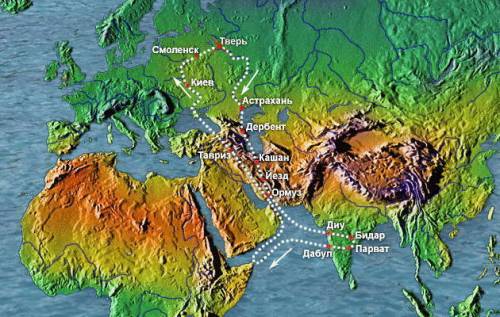 Обозначьте на карте маршрут путешествия афанасия никитина .подпишите название морей которые он перес