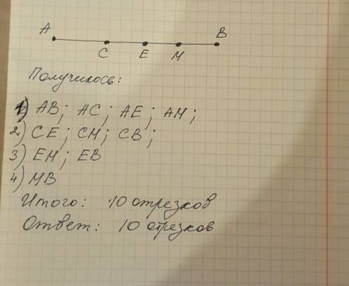 На отрезке ав, отметили точки с, е, м. сколько различных отрезков получилось в результате?
