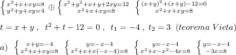 \left \{ {{x^2+x+xy=8} \atop {y^2+y+xy=4}} \right. \oplus \left \{ {{x^2+y^2+x+y+2xy=12} \atop {x^2+x+xy=8}} \right. \; \left \{ {{(x+y)^2+(x+y)-12=0} \atop {x^2+x+xy=8}} \right. \\\\ t=x+y\; ,\; \; t^2+t-12=0\; ,\; \; t_1=-4\; ,\; t_2=3\; \; (teorema\; Vieta)\\\\a)\; \; \left \{ {{x+y=-4} \atop {x^2+x+xy=8}} \right. \; \left \{ {{y=-x-4} \atop {x^2+x+x(-x-4)=8}} \right. \; \left \{ {{y=-x-4} \atop {x^2+x-x^2-4x=8}} \right. \; \left \{ {{y=-x-4} \atop {-3x=8}} \right.