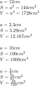 a=12 cm\\S=a^2=144 cm^2\\V=a^3=1728 cm^3\\\\a=2.3 cm\\S=5.29 cm^2\\V=12.167 cm^3\\\\a=10 cm\\S=100 cm^2\\V=1000 cm^3\\\\a=\frac{4}{9} cm\\S=\frac{16}{81} cm^2\\V=\frac{64}{729} cm^3