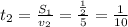 t_{2}=\frac{S_{1}}{v_{2}} = \frac{\frac{1}{2}}{5}=\frac{1}{10}