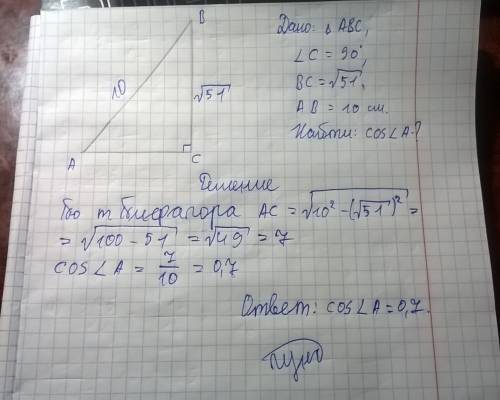 Дано: трикутник авс, кут с=90°, ав=10см, вс=√51см. знайдіть cosa