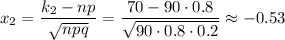 x_2=\dfrac{k_2-np}{\sqrt{npq}}=\dfrac{70-90\cdot0.8}{\sqrt{90\cdot0.8\cdot0.2}}\approx -0.53