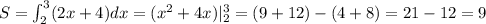 S=\int^3_2(2x+4)dx=(x^2+4x)|^3_2=(9+12)-(4+8)=21-12=9