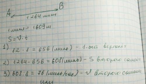 Расстояние между двумя равно 1264 мили (1 сухопутная миля-1609 м.)из них одновременно вылетели навст