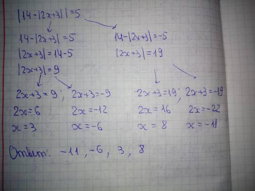 Розв'яжіть рівння буду вдячна! |14-|2x+3||=5