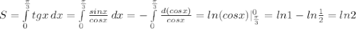 S=\int\limits_0^\frac{\pi}{3} {tgx} \, dx = \int\limits_0^\frac{\pi}{3} \frac{sinx}{cosx}\, dx =-\int\limits_0^\frac{\pi}{3} {\frac{d(cosx)}{cosx}}=ln(cosx)|_\frac{\pi}{3} ^0=ln1-ln\frac{1}{2} = ln2