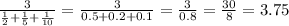 \frac{3}{\frac{1}{2}+\frac{1}{5}+\frac{1}{10}}=\frac{3}{0.5+0.2+0.1}=\frac{3}{0.8}=\frac{30}{8}=3.75