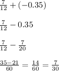 \frac{7}{12} + ( - 0.35) \\ \\ \frac{7}{12} - 0.35 \\ \\ \frac{7}{12} - \frac{7}{20} \\ \\ \frac{35 - 21}{60} = \frac{14}{60} = \frac{7}{30}