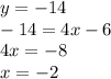 y = - 14 \\ - 14 = 4x - 6 \\ 4x = - 8 \\ x = - 2