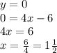 y = 0 \\ 0 = 4x - 6 \\ 4x = 6 \\ x = \frac{6}{4} = 1 \frac{1}{2}