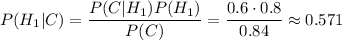 \displaystyle P(H_1|C)=\dfrac{P(C|H_1)P(H_1)}{P(C)}=\frac{0.6\cdot0.8}{0.84}\approx0.571