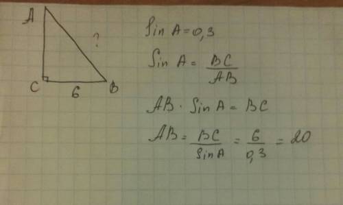 Втреугольнике abc угол c=90, bc=6, sina=0,3. найдите ab