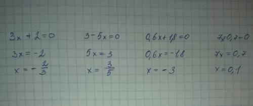 Решите уравнение 3х+2=0 3-5х=0 0.6х+1.8=0 7-0.7=0 надо