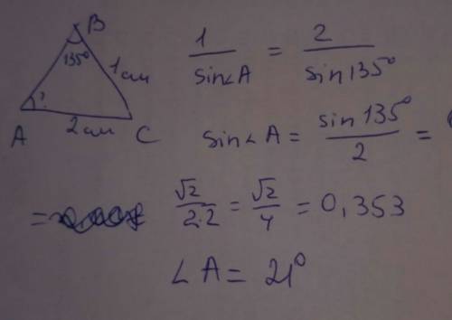 Найдите угол а треугольника ввс, если : ас=2см,вс=1см угол в =135°
