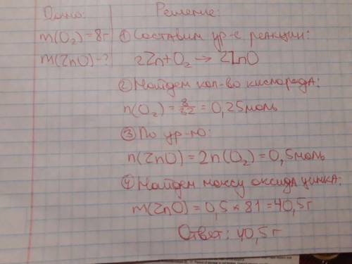 Масса оксида цинка, который образуется при взаимодействии 8 г кислорода с цинком.