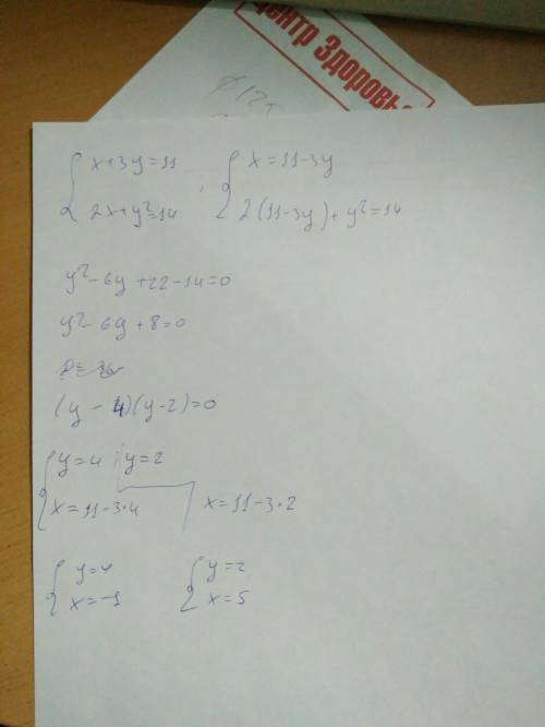 Решите систему уравнений методом подстановки x+3y=11 2x+y^2=14