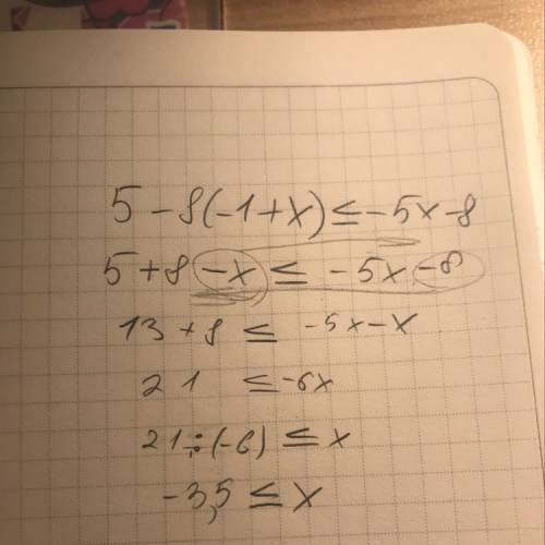 Решите неравенство: 5-8(-1+x)≤-5x-8