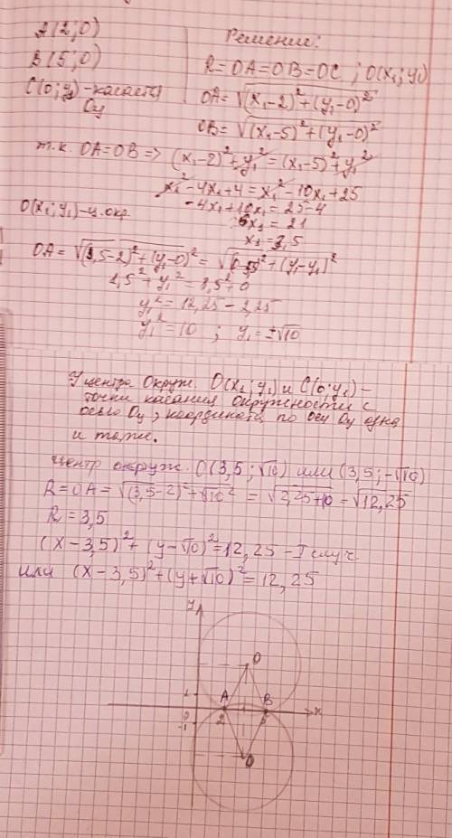 Решить! составьте уравнение окружности, проходящей через точку a(2, 0) ; b(5,0) и касающей оси oy.