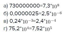 Запишите число в стандартном виде: а) 730000000; б) 0,0000025; в) 0,24 * 10(-3); г)75,2 * 10(4);