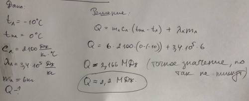 Сколкьо теплоты потребуется чтобв расплавить 6 кг льда находящегося при температуре 10°с