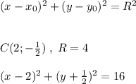 (x-x_0)^2+(y-y_0)^2=R^2\\\\\\C(2;-\frac{1}{2})\; ,\; R=4\\\\(x-2)^2+(y+\frac{1}{2})^2=16