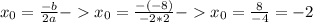 x_0=\frac{-b}{2a} - x_0=\frac{-(-8)}{-2*2} - x_0=\frac{8}{-4}=-2