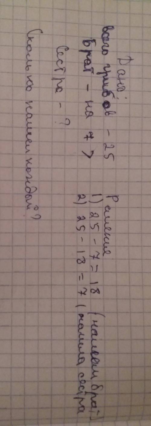 Брат с сестрой нашли в лесу 25 белых грибов .брат помнит что он нашёл на 7 грибов больше,чем его сес