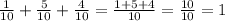 \frac{1}{10} +\frac{5}{10} +\frac{4}{10} =\frac{1+5+4}{10}=\frac{10}{10} =1