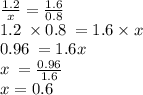 \frac{1.2}{x} = \frac{1.6}{0.8} \\ 1.2 \: \times 0.8 \: = 1.6 \times x \\ 0.96 \: = 1.6x \\ x \: = \frac{0.96}{1.6} \\ x = 0.6