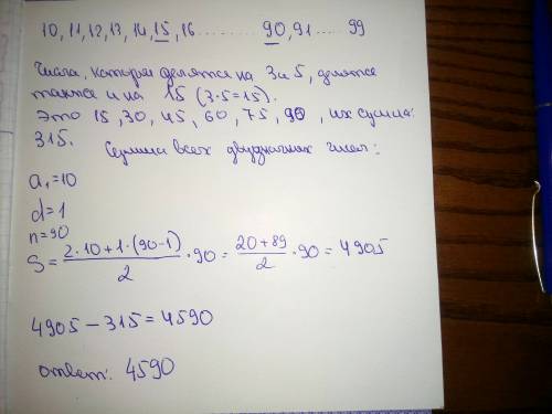 Знайдіть суму всіх двоцифрових чисел,які не діляться націло ні на 3 ні на 5