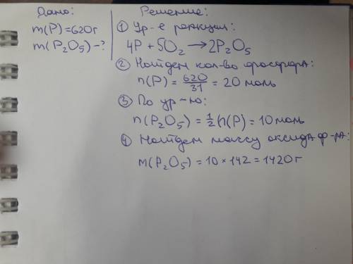 Рассчитать массу оксида фосфора, который образуется при взаимодействии 620 граммов фосфора с кислоро