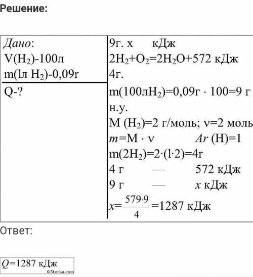 Какое количество теплоты выделится при сжигании 100л. водорода, взятого при нормальных условиях?