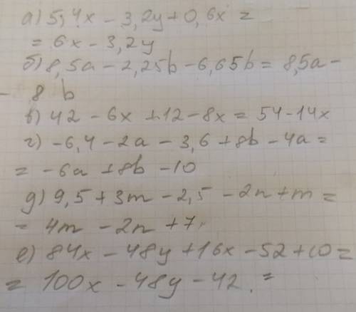 Подобные слагаемые a)5,4x-3,2y+0,6x; б)8,5a-2,25b-6,75b; в)42-6х+12-8х; г)-6,4-2а-3,6+8b-4a; д)9,5+3