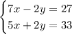 \begin{cases}7x - 2y = 27\\ 5x + 2y = 33 \end{cases}