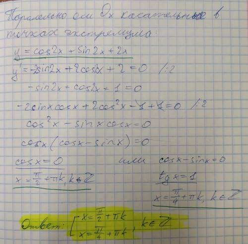 Найти абсциссы точек, в которых касательная к графику данной функции параллельна оси ox y=cos2x+ sin