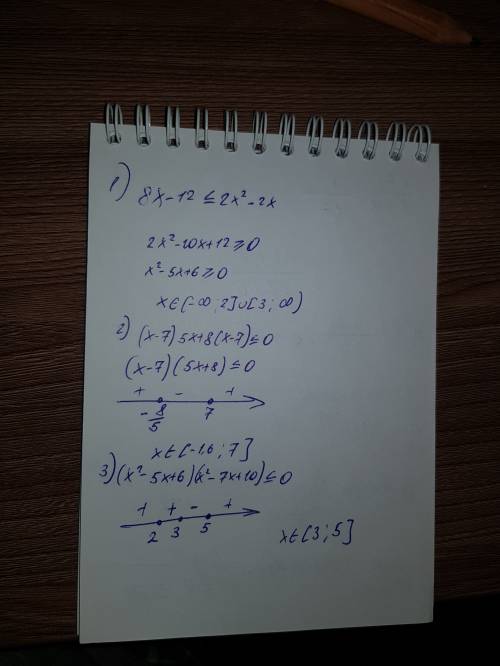 все ! решите неравенства с интервалов с подробным решением,: 1) 8x-12< =2x^2-2x 2) (x-7)5x+8(x-7)