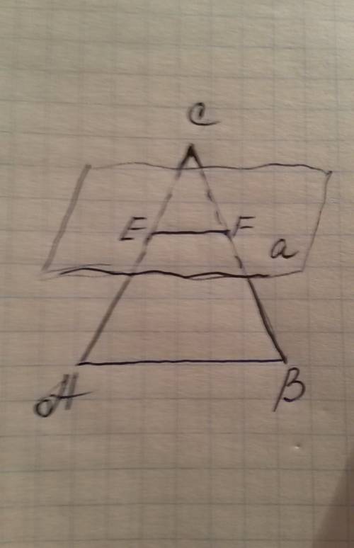 Решить плоскость a,паралельна стороне ab триугольнику abc , пересекает стори ac и bc у точкой e и f.