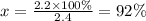 x = \frac{2.2 \times 100\%}{2.4} = 92\%