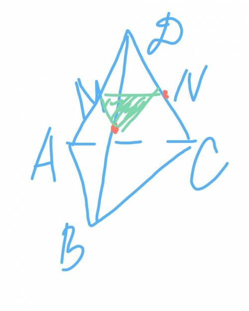 Решить построить сечение тетраэдра плоскостью,проходящей через точку м параллельно основанию авс.,