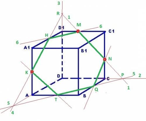 Даётся куб. нужно построить сечение по точкам : m принадлежит d1c1 n принадлежит c1c k принадлежит a