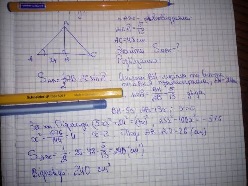 Знайти площу рівнобедреного трикутника у якому основна дорівнює 48 см , а синус кута при основі стан