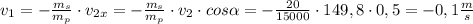 v_1 = -\frac{m_s}{m_p} \cdot v_{2x} = -\frac{m_s}{m_p} \cdot v_2 \cdot cos\alpha=- \frac{20}{15000} \cdot 149,8 \cdot 0,5 =-0,1\frac{m}{s}