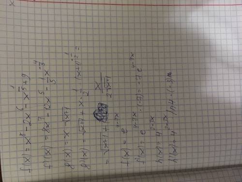 Найти производную функции 1. f(x) = x⁸ - 2x⁶ - √x⁵ + 9 2. g(x) = x · √x+1 3. f(x) = e⁴⁻⁷ˣ 4. h(x) =