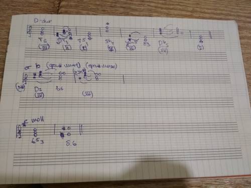 Постройте t6,d43,t53,гармоническийs64, ум5, б3, d65, t53 в d-dur. а также от звука b d2 с разрешен