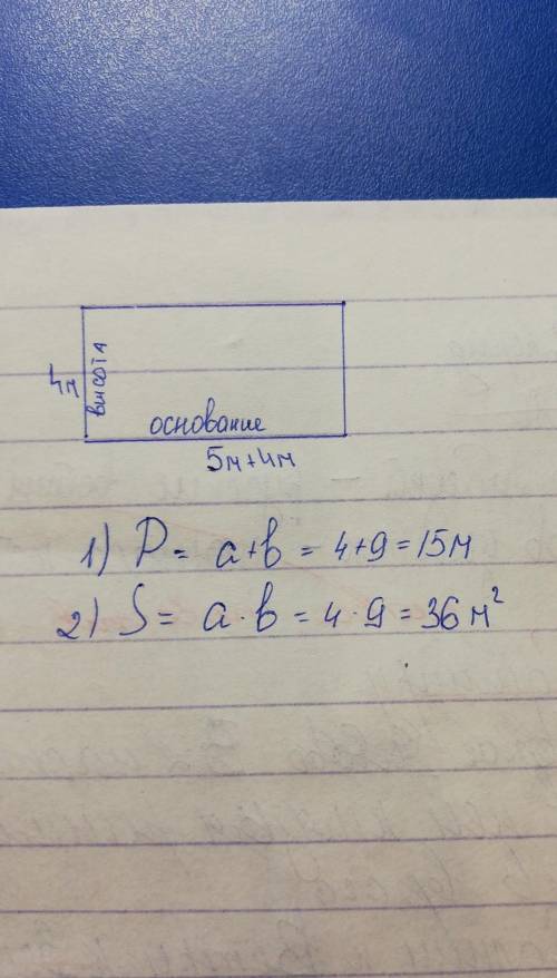 Высота прямоугольника равна 4 м на 5 м меньше основания определите периметр и площадь​