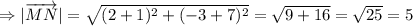 \Rightarrow |\overrightarrow{MN}|=\sqrt{(2+1)^2+(-3+7)^2}=\sqrt{9+16}=\sqrt{25}=5