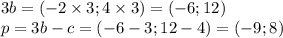 3b = ( - 2 \times 3;4 \times 3) = ( - 6;12) \\ p = 3b - c = ( - 6 - 3;12 - 4) = ( - 9;8)