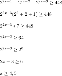 2^{2x-1} +2^{2x-2}+2^{2x-3}\geq448\\\\2^{2x-3}(2^{2}+2+1)\geq448\\\\2^{2x-3}*7\geq448\\\\2^{2x-3}\geq 64\\\\2^{2x-3}\geq2^{6} \\\\2x-3\geq6\\\\x\geq 4,5