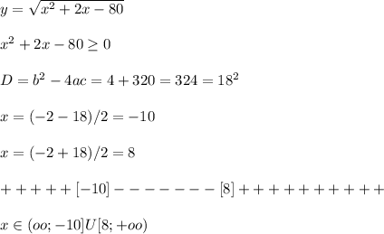 y=\sqrt{x^2+2x-80} \\ \\x^2+2x-80\geq 0\\ \\ D=b^2-4ac=4+320=324=18^2\\ \\ x=(-2-18)/2=-10\\ \\ x=(-2+18)/2=8\\ \\+++++[-10]-------[8]++++++++++\\ \\ x\in(oo;-10]U[8;+oo)